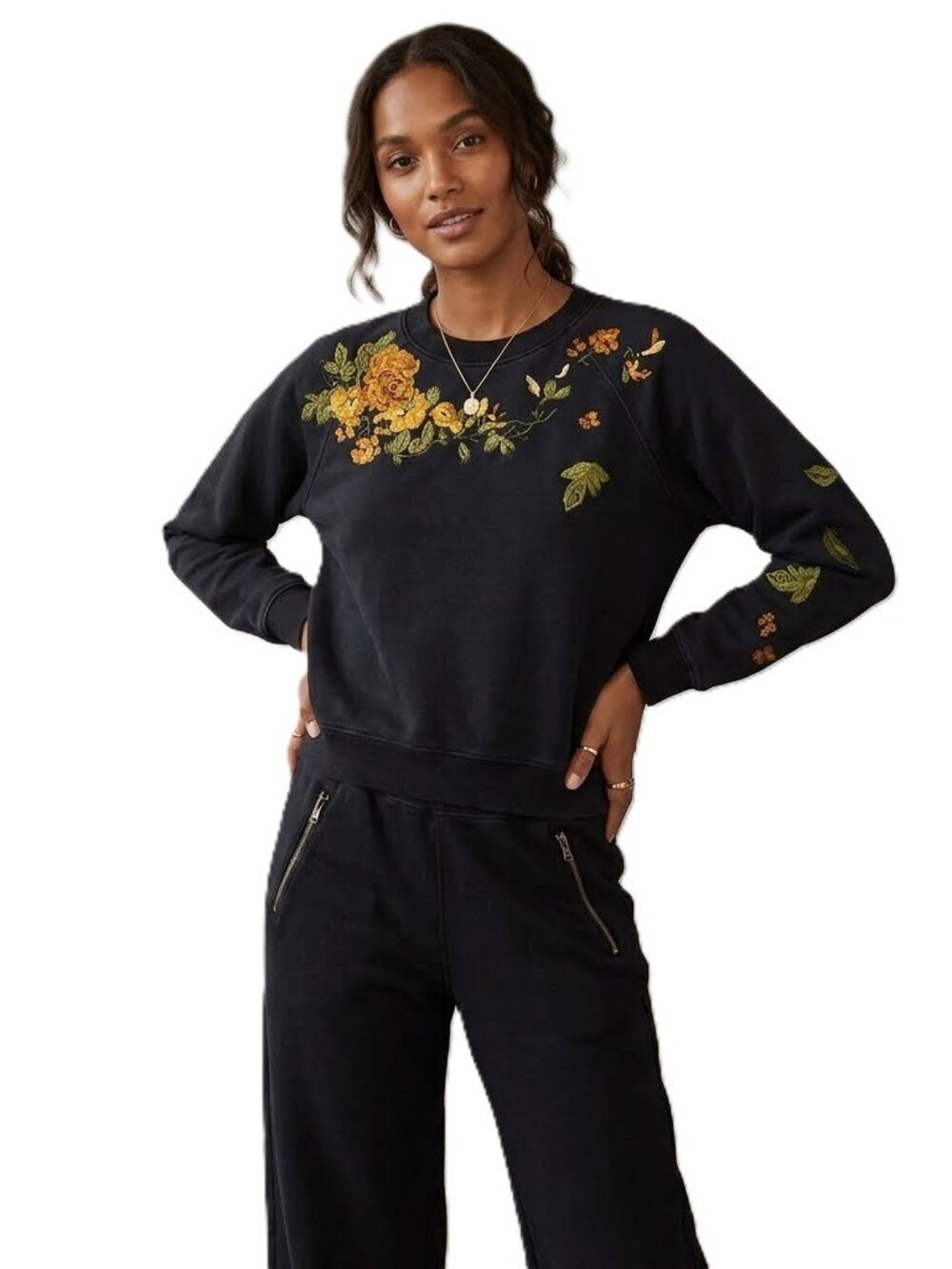 Aritzia Black Embroidered Floral Crew Neck Sweatshirt and Wilfred Sweatpants Set